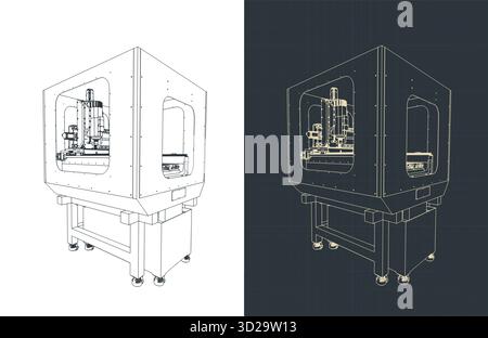 CNC-Fräsmaschinenzeichnungen stilisierte Vektorabbildungen Stock Vektor