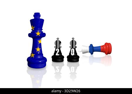 Sanktionen und Embargo der Europäischen Union für russischen Krieg und Aggression in der Ukraine. Schach aus Fahnen der EU und Russlands. 20 Sanktionspaket Stockfoto