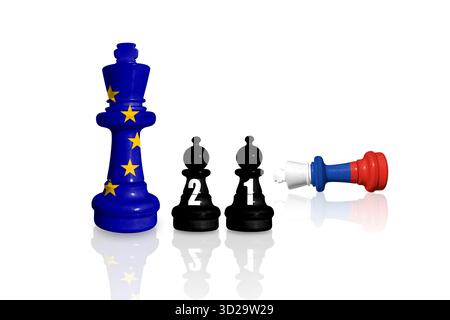 Sanktionen und Embargo der Europäischen Union für russischen Krieg und Aggression in der Ukraine. Schach aus Fahnen der EU und Russlands. 21 Sanktionspaket Stockfoto