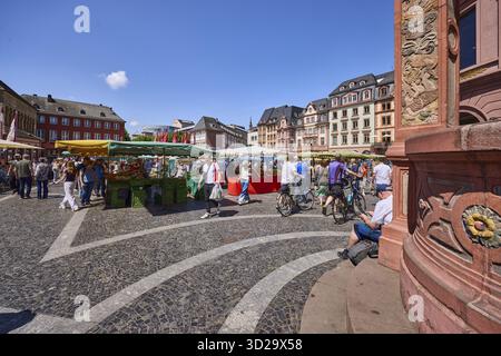 Wochenmarkt, Marktstände, allgemeine Architektur, historische Gebäude, Bürgersteig aus Marmorplatten und Pflastersteine mit Mustern, Radfahrer und pe Stockfoto