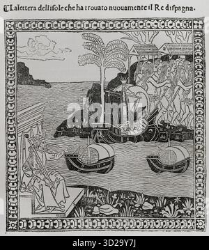 Christoph Kolumbus (1451-1506). Navigator, Kartograf und Admiral. Er diente der Krone von Kastilien. Entdecker von Amerika im Jahr 1492. Faksimile einer Illustration aus einem der Briefe von 1493, in der die Entdeckung der Indischen Inseln angekündigt wird, eine italienische Version, die in Florenz gedruckt wurde. Landfall der Expedition unter der Leitung von Columbus, der am Bug seines Schiffes Santa María dargestellt ist. Ferdinand II., König von Spanien, zeigt über den Atlantik zu dem Ort, an dem Columbus mit drei Schiffen unter einer großen Gruppe indigener Völker an Bord geht. Gravur. Amerika. Die Geschichte ihrer Entdeckung von Primitive Stockfoto
