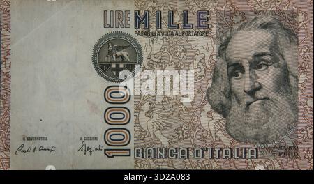 Marco Polo (1254–1324) war ein venezianischer Entdecker, der nach Asien reiste. Porträt auf einer alten italienischen 1000-Lire-Banknote Stockfoto