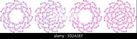 Eine Linie gezeichnete Zweige mit herzförmigen Blättern in trendigem zartem Rosa und Violett Round Frame and Fond. Isolierte Vektor-Illustration Valentinstag oder Frühling Themen Karten Poster, Etiketten Banner, Party Einladung Stock Vektor