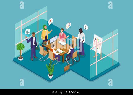 Isometrische 3D-Darstellung von Vielfalt und Einbeziehung am Arbeitsplatz, Mitarbeiterschutz Stockfoto