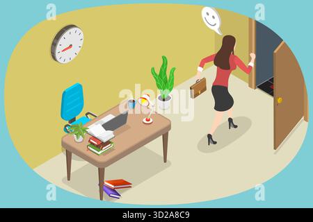 3D Isometrische flache konzeptionelle Darstellung des Endes des Arbeitstages, Mitarbeiter, der vom Büro wegläuft 3D Isometrische flache konzeptionelle Darstellung des Endes des Arbeitstages, Mitarbeiter, der vom Büro wegläuft Stockfoto