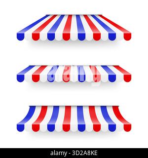 Sonnenschirm anzeigen. Realistisch gestreifte Café-Markise. Marktzelt im Freien. Dachdach in französischen Flaggenfarben. Sommerladen. Vektorabbildung. Stock Vektor