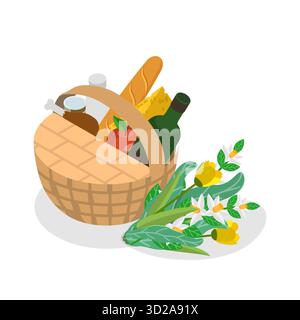 3D Isometrischer flacher Satz Picknickkörbe, Essen in Korbkisten. Punkt 1 Stockfoto