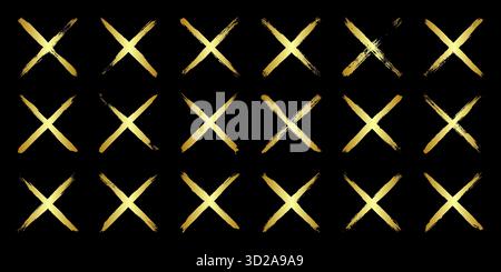 Goldene Grunge-Kreuze, Pinselstriche, Linien, Tintenflecken, handgezeichnete Kritzelformen. Handgemachte, skizzenhafte Markierungen, Acrylflecken, Holzkohlestreifen. Farbe Stock Vektor