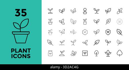 Sammlung von 35 minimalistischen Pflanzensymbolen, die Wachstum und Natur auf weißem Hintergrund darstellen. Stock Vektor