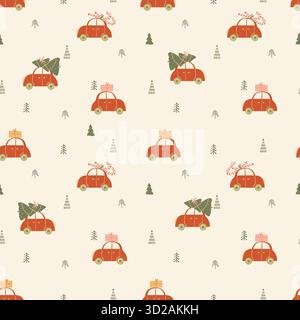 Nettes Retro-Auto Vektor nahtloses Muster rotes Auto und Weihnachtsbaum Neujahrsgeschenke weißer Hintergrund. Vektorabbildung Stock Vektor