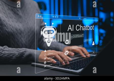 KI-Chatbot-Konzept. Person, die ein Laptop und ein virtuelles Chatfenster nutzt und künstliche Intelligenz, generative KI, Assistent, KI-Agenten repräsentiert, Stockfoto