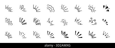 Verspielte handgezeichnete Burst- und Glitzer-Vektor-Set mit Konfetti-Linien und Doodle-Strahlen. Retro-Comic-Explosion für Party- oder Titeldekoration. Niedliche Skizze Stock Vektor