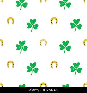 Grünes Gold Saint Patricks Day Schamrock und Hufeisen nahtlose Vektormuster. Irische Glücksbringer-Motive. Geometrische St. Patricks-Feierlichkeiten Stock Vektor