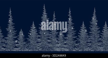 Winterlandschaft Hintergrund. Nahtloses Wintermuster mit Tannenbäumen aus weißen Punkten. Eine frostige Winternacht in einem Nadelwald Stock Vektor