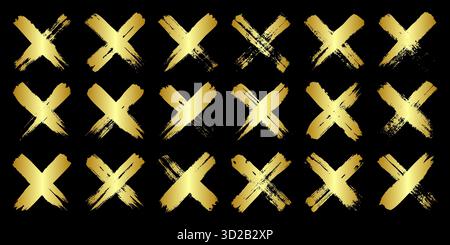 Goldene Grunge-Kreuze, Pinselstriche, Linien, Tintenflecken, handgezeichnete Kritzelformen. Handgemachte, skizzenhafte Markierungen, Acrylflecken, Holzkohlestreifen. Farbe Stock Vektor