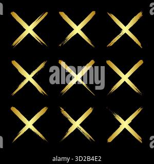 Goldene Grunge-Kreuze, Pinselstriche, Linien, Tintenflecken, handgezeichnete Kritzelformen. Handgemachte, skizzenhafte Markierungen, Acrylflecken, Holzkohlestreifen. Farbe Stock Vektor
