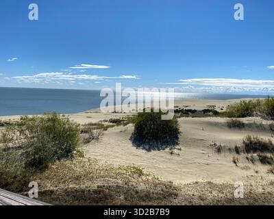 Eine riesige Sanddünen-Landschaft erstreckt sich zu einem großen Gewässer unter einem hellblauen Himmel. Stockfoto