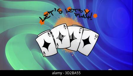 Zeigt Karten mit der Bezeichnung AAJ10 in digitalem Poster im Graffiti-Stil Let's Play Text, orange Sterne, Swirl Stockfoto