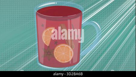 Roter Becher mit gewürztem Getränk vor blauem Hintergrund mit Orangenscheiben, Zimtstab und Sternanis Stockfoto