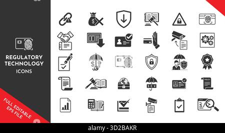 Symbole für regulatorische Technologie. Zeigt die Einhaltung von Vorschriften. Datensicherheit und rechtliche Rahmenbedingungen im Unternehmen. Finanzregulierung, digitale Identität und Politik Stock Vektor