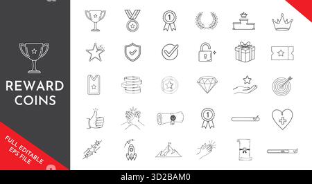 Symbole für Prämienmünzen. Repräsentiert Leistung, Erfolg und Anreize. Spiele- oder Treueprogramme. Sammlung von Symbolen für Anerkennung und Sieg. Stock Vektor
