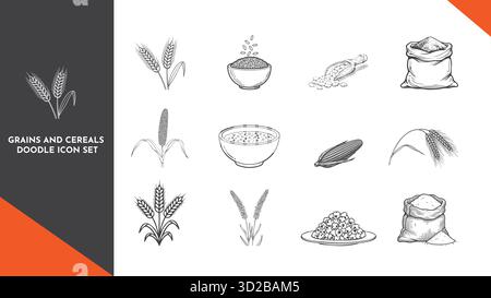 Symbole für Körner und Müsli-Kritzeleien. Landwirtschaft, Ernte, Lebensmittel und natürliche Inhaltsstoffe Symbole für gesunde Ernährung und Landwirtschaft. Stock Vektor
