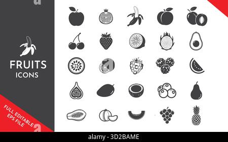 Vielfältige Sammlung von Fruchtsymbolen. Schwarz-weiße Silhouettenelemente für gesunde Ernährung, Ernährungsleitfäden und Konzepte für frische Produkte. Stock Vektor