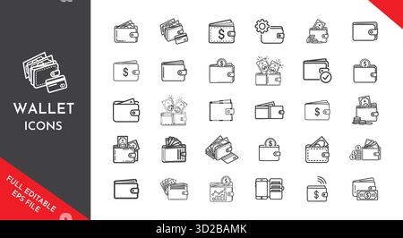 Wallet-Symbole festgelegt. Symbole für digitales Bezahlen, mobiles Banking, Finanzen und Geldmanagement. Bargeldlose Transaktionen und wirtschaftliche Elemente. Stock Vektor