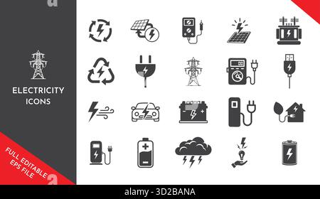 Electricity icons set. Energy production, renewable power, charging stations, and green energy solutions symbols for sustainable development. Stock Vektor