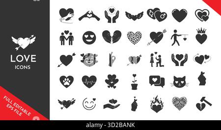 Love Icons Kollektion. Darstellung liebevoller Gesten. Symbole der Sorgfalt und Leidenschaft. Entwerfen Sie Beziehungen, Emotionen und Bewunderungsausdrücke. Stock Vektor