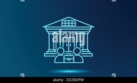 Bankgebäude mit zwei Personen und Aktenkoffer, Investmenttreffen, Partnerschaftssymbol für Finanzinstitute. Digitaler blauer Hintergrund. Geschäftliche Zusammenarbeit Stock Vektor