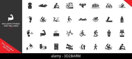 Inklusive Fitness Wellness-Symbole. Vielfältige Aktivitäten zur Förderung von Gesundheit und Wohlbefinden. Sammlung, die die körperliche Aktivität für alle Fähigkeiten und darstellt Stock Vektor