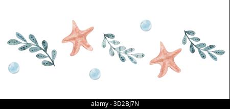 Nahtloser Rand in Aquarellfarben mit grünen Algen, roten Seesternen und blauen Wasserblasen. Illustration mit Meeresmotiv isoliert auf weißem Hintergrund, perfekt für Drucke, Karten und Designprojekte. Stockfoto