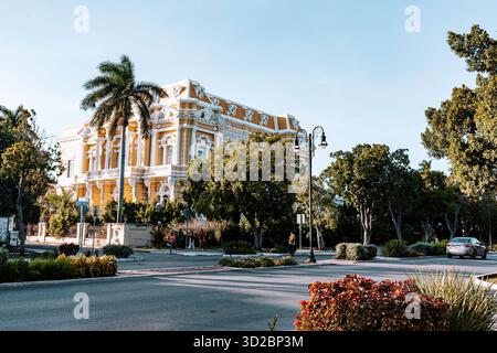 Merida, Yucatan, Mexiko, großes Gebäude mit gelber Fassade vor einem grünen Baum. Die Straße ist gesäumt von Bäumen und Büschen, und es gibt s Stockfoto