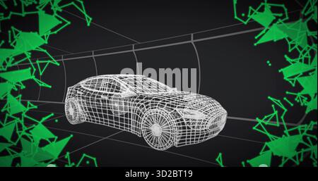 Schwebendes Drahtmodell in dunklem Tunnel mit neongrünen Polygonen und digitalen Gitterlinien Stockfoto