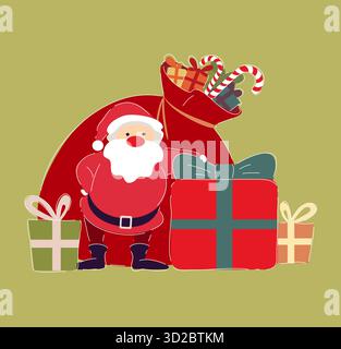Fröhliche Figur in leuchtend rotem Anzug mit Geschenksack Stockfoto