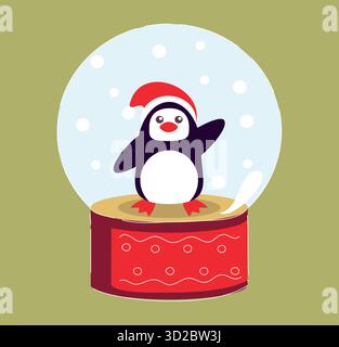 Festliche Pinguinfigur, winterthemenbezogenes Schneekugel-Ornament, verspielte Schneekugel Stock Vektor