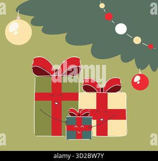 Festliches Geschenk-Arrangement, Weihnachtsgeschenk-Display mit Dekorationen, dekoratives Weihnachtsgeschenk-Set Stock Vektor