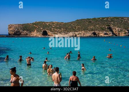 Schwimmer in der Blauen Lagune in Comino, Malta, mit Kalksteinklippen und Höhlen Stockfoto