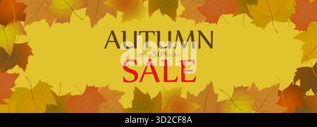 Herbstwerbung abstraktes Verkaufsbanner mit fallenden Blättern. Vektorabbildung Stock Vektor