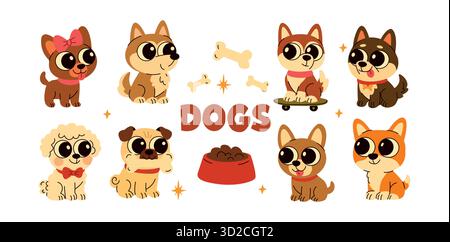 Niedliche Zeichentrickhunde Sammlung, lustige Welpen Figuren Set mit Knochen, Futterschale und verspielte Haustiere, entzückende Hundeillustration für Kinder Design, Poster Stock Vektor
