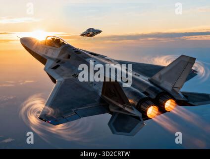 Illustration eines nicht identifizierten Luftphänomens (UAP), das neben einem Militärjet fliegt. Stockfoto