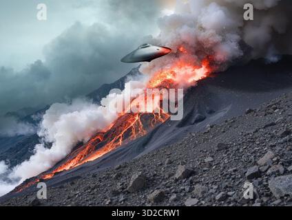 Abbildung eines nicht identifizierten Luftphänomens (UAP), das über einen aktiven Vulkan fliegt. Stockfoto