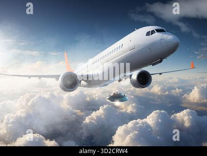 Abbildung eines nicht identifizierten Luftphänomens (UAP), das hinter einem Flugzeug fliegt. Stockfoto