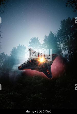 Illustration eines unbekannten Luftphänomens (UAP), das über einen Wald fliegt. Stockfoto