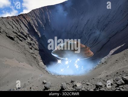 Abbildung eines nicht identifizierten Luftphänomens (UAP), das über einen aktiven Vulkan fliegt. Stockfoto