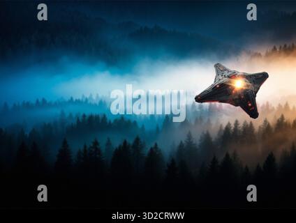 Illustration eines unbekannten Luftphänomens (UAP), das über einen Wald fliegt. Stockfoto