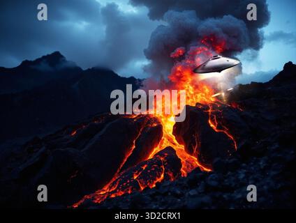 Abbildung eines nicht identifizierten Luftphänomens (UAP), das über einen aktiven Vulkan fliegt. Stockfoto