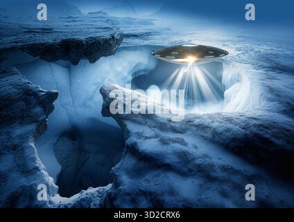 Illustration eines unbekannten Luftphänomens (UAP) in der Antarktis. Stockfoto