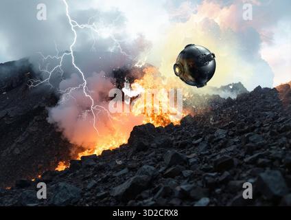 Abbildung eines nicht identifizierten Luftphänomens (UAP), das über einen aktiven Vulkan fliegt. Stockfoto